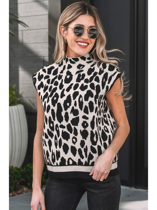 Jackets & Blazers - Sleeveless Leopard Print Knit Sweater Vest